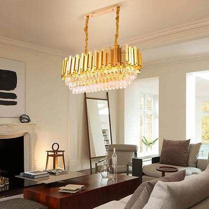 FRIXCHUR Modern Crystal Chandeliers 3-Tier Gold Crystal Chandeliers Oval Pendant Light Brass Chandelier for Dining Room Kitchen Island Living Room