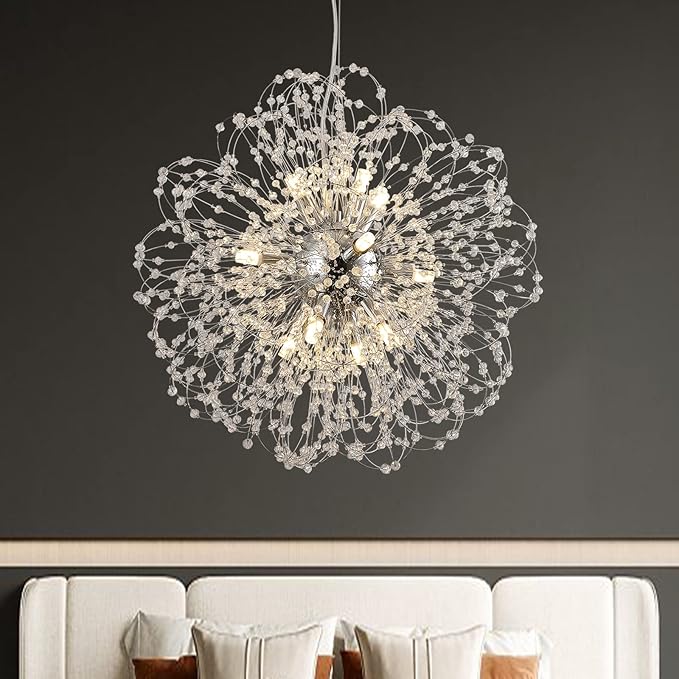 Modern Firework Chandelier, 12-Light Sputnik Chandelier Chrome Pendant Lighting for Dining Room, Dandelion Crystal Chandelier Ceiling Light Fixture for Living Room, Bedroom