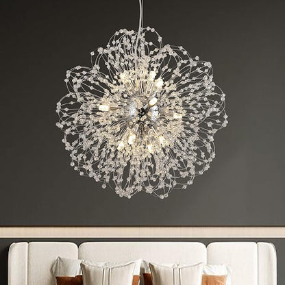 Modern Firework Chandelier, 12-Light Sputnik Chandelier Chrome Pendant Lighting for Dining Room, Dandelion Crystal Chandelier Ceiling Light Fixture for Living Room, Bedroom