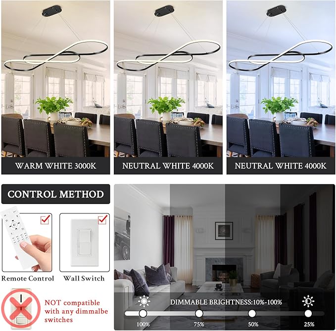 Modern LED Chandelier Black Dimmable LED Pendant Light for Dining Room Light Fixture Over Table Modern Kitchen Island Lighting High Ceiling with Remote for Living Room(56 Inch, 3000K-6500K)