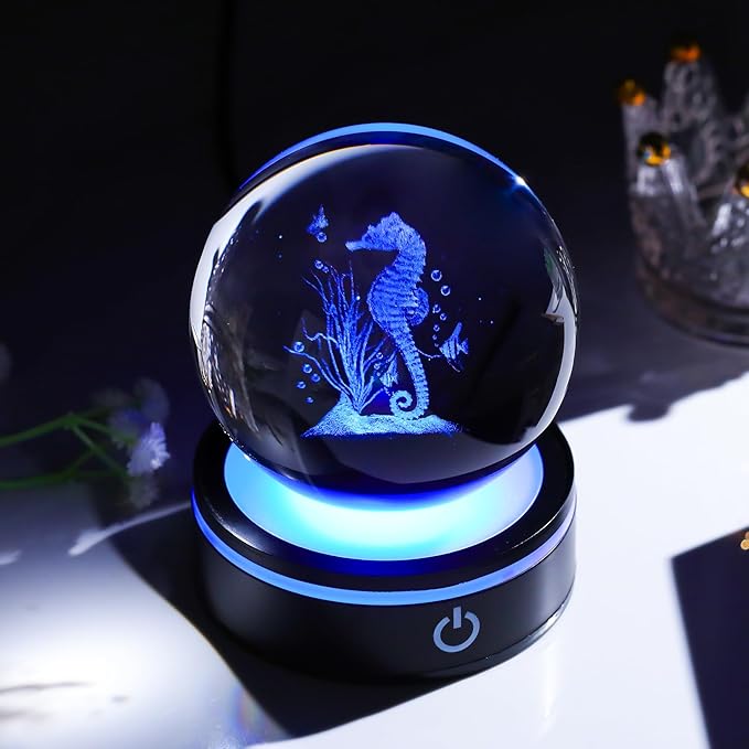 YWHL 3D Seahorse Crystal Ball Figurine with LED Base, Seahorse Gifts for Women Men on Christmas Birthday, Glass Sea Horse Decor Globe Night Light for Home Office (80mm)