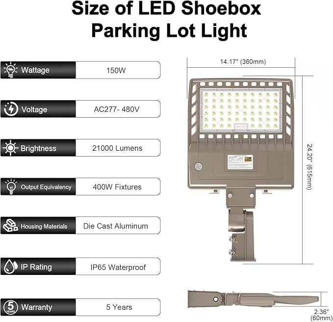 480V LED Parking Lot Lights 150W 21000LM LED Shoebox Pole Lights Fixture 400W HID/HPS Replacement 5000K IP65 AC 277-480V UL Listed Outdoor Area Street Security Lighting for Stadium Roadways
