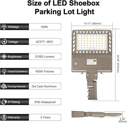 480V LED Parking Lot Lights 150W 21000LM LED Shoebox Pole Lights Fixture 400W HID/HPS Replacement 5000K IP65 AC 277-480V UL Listed Outdoor Area Street Security Lighting for Stadium Roadways