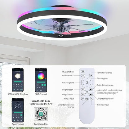 RGB Ceiling Fans with Lights, 20" Fandelier Low Profile Ceiling Fan with Light, Modern Flush Mount Ceiling Fan Light with Remote/APP Control, Bedroom Chandelier Fan Fixture for Indoor(Black)