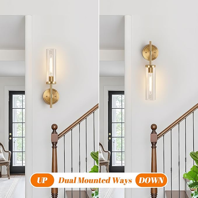 [Hardwired] Wall Sconces Set of Two, Brushed Gold Bathroom Sconces with Clear Glass, Modern Wall Light Fixtures for Bathroom Mirror Vanity, Living Room, Bedroom, Hallway, Stairway, Cabinet, Foyer