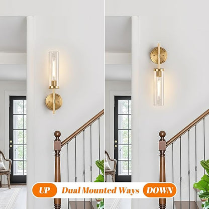 [Hardwired] Wall Sconces Set of Two, Brushed Gold Bathroom Sconces with Clear Glass, Modern Wall Light Fixtures for Bathroom Mirror Vanity, Living Room, Bedroom, Hallway, Stairway, Cabinet, Foyer