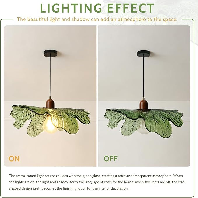 Green Glass Pendant Light Fixtures, 15.75" Hanging Ceiling Light Adjustable Vintage Floral Glass Chandelier for Bedroom Nursery Vanity Kitchen Island