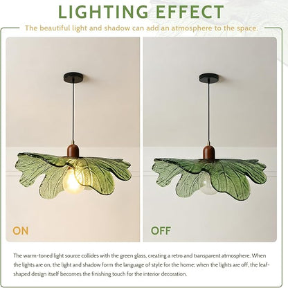 Green Glass Pendant Light Fixtures, 15.75" Hanging Ceiling Light Adjustable Vintage Floral Glass Chandelier for Bedroom Nursery Vanity Kitchen Island
