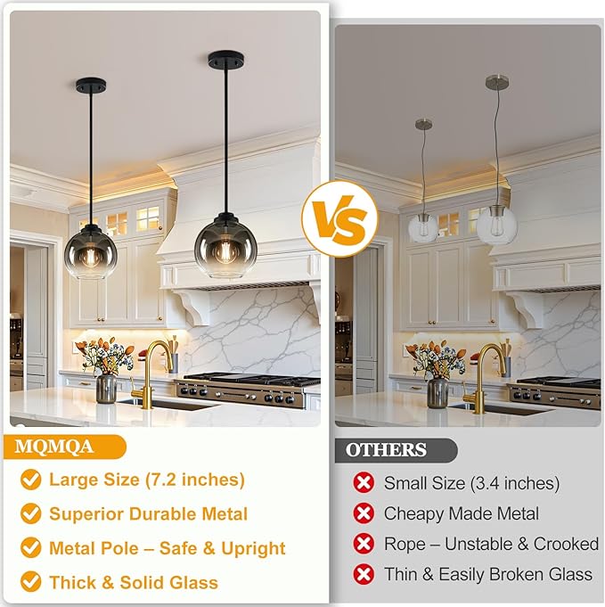 2 Pack 7.2-Inch Globe Pendant Lights, Mid Century Pendant Light Fixtures, Globe Pendant Lights Kitchen Island with Gray Glass Shade Adjustable Hanging Fixture for Dining Room (Bulbs not Included)