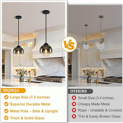 2 Pack 7.2-Inch Globe Pendant Lights, Mid Century Pendant Light Fixtures, Globe Pendant Lights Kitchen Island with Gray Glass Shade Adjustable Hanging Fixture for Dining Room (Bulbs not Included)