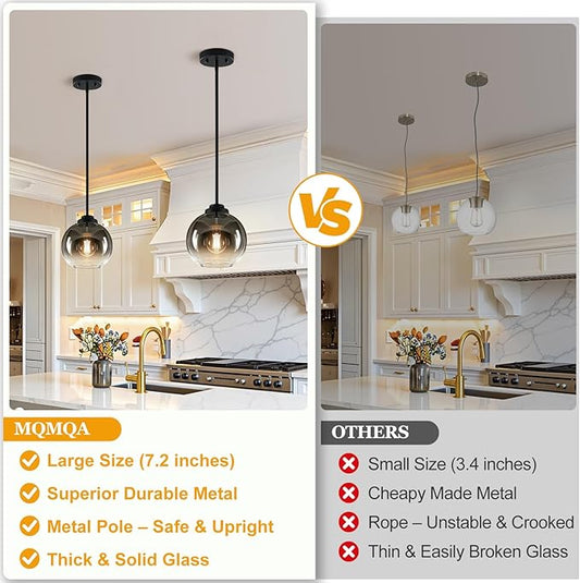 2 Pack 7.2-Inch Globe Pendant Lights, Mid Century Pendant Light Fixtures, Globe Pendant Lights Kitchen Island with Gray Glass Shade Adjustable Hanging Fixture for Dining Room (Bulbs not Included)