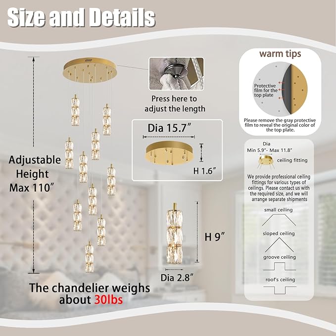 ykolupty Large Chandeliers for Living Room Modern Crystal Gold Chandeliers Spiral Staircase Pendant Light High Ceiling Lamp Fixture for Foyer Entrance Dimmable 2700-6000K