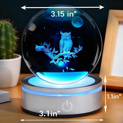 Owl Gifts, 3D 3.15 Inch (80mm) Crystal Ball Owl Lamp with Battery Powered, RGB Color Light for Birthday Xmas Cool Upgraded Owl Figurines Gifts for Room Decor Boys Girls