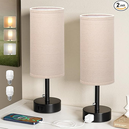 Fenmzee Bedside Table Lamps Set of 2-3 Color Temperatures Pull Chain Lamp with AC Outlet Charging Port, Round Night Stand Lamps for Bedroom Guest Room Office, Small Bed Side Light with E26 LED Bulbs
