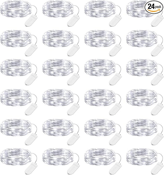 Brightown 24 Pack LED Fairy Lights Battery Operated 7 ft 20 LED String Light Waterproof Silver Wire Firefly Starry Lights for Crafts Wedding Party Bedroom (White)