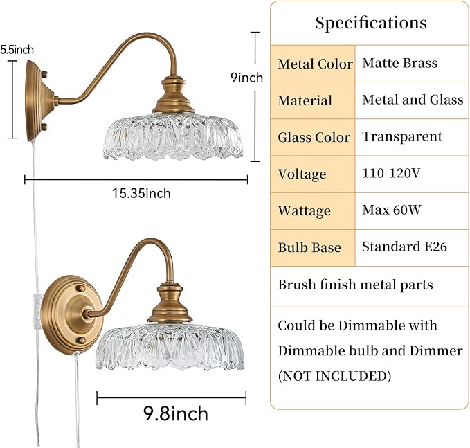 HDDFL Vintage Plug in Wall Scone Bedside Wall Lamp Plug Corded Matte Brass Bedroom Light Fixtures in Door Lighting Fixture for Living Room Hallway Corridor