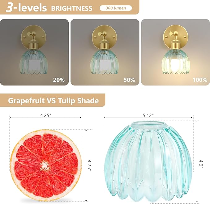 Vintage Battery Operated Wall Sconce, Sky Blue Tulip Glass Lampshade Wireless Rechargeable Battery Powered LED Wall Light with Remote Dimmable for Bedside Bedroom Doorway Living Room, Set of 2