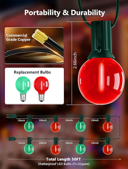 50Ft Red and Green Christmas Lights Outdoor, G40 Globe Patio String Lights with 27 LED Red and Green LED Bulbs(2 Spare), Vintage Outdoor String Lights for Outside Camping RV Canopy Porch Xmas Decor