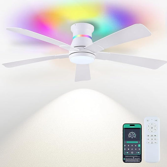 Surtime 52" White Ceiling Fans with RGB Lights - Flush Mount Ceiling Fan Light with LED 3CCT Dimmable, Modern Low Profile Ceiling Fans for Indoor Party,Covered Outdoor
