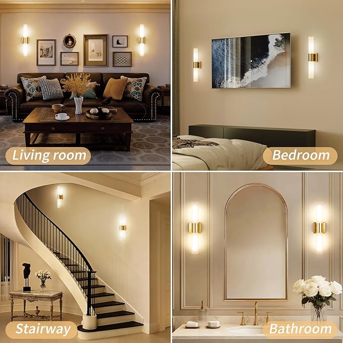 Kalium Bathroom Wall Sconces Set of Two, 21 Inch Modern Vanity Lights with Frosted Glass Shade, Bathrooms Vanity Lighting Fixtures for Mirror Bedroom Living Room Hallway (Gold)