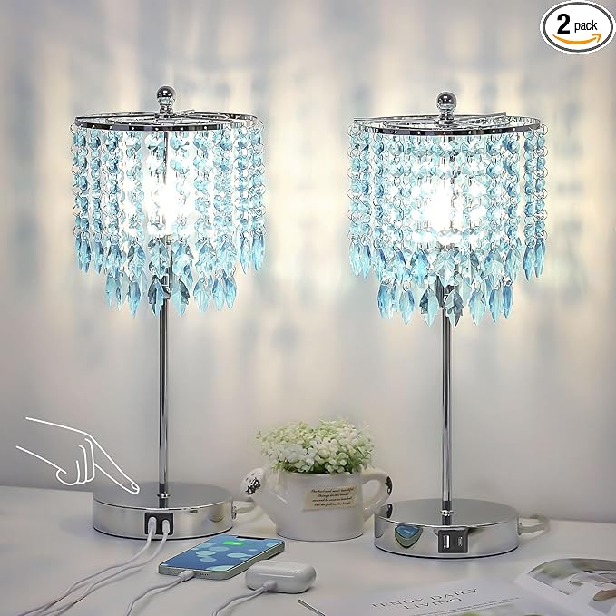 Crystal Table Lamp with Touch Control and Dual USB Ports - 3-Way Dimmable Bedside Light with Teal Lamps Shade for Living Room Bedroom, Elegant Home Decor - LED Bulb Included