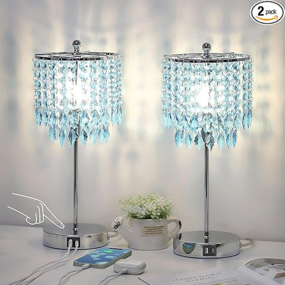 Crystal Table Lamp with Touch Control and Dual USB Ports - 3-Way Dimmable Bedside Light with Teal Lamps Shade for Living Room Bedroom, Elegant Home Decor - LED Bulb Included