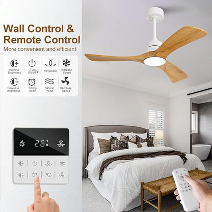 42 inch Ceiling Fan with Light and Remote Control,Wall Switch,Solid Wood Blades,Dimmable,Reversible Quiet DC Motor,Power off Memory Modern White Ceiling Fan Indoor/Outdoor for Bedroom Patios