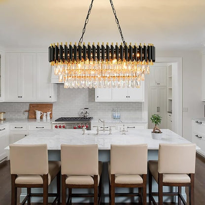 Modern Crystal Chandeliers for Dining Room 8-Light Black and Gold Chandelier Living Room Oval Contemporary Ceiling Hanging Light Pendant Light Fixture for Kitchen Island Bar L32 inch