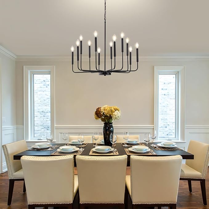 Modern Black Chandelier for Dining Room,Metal 12-Light Kitchen Light Fixtures, Farmhouse Candle Hanging Pendant Light for Living Room Entryway Foyer Bedroom (Bulbs Not Included)