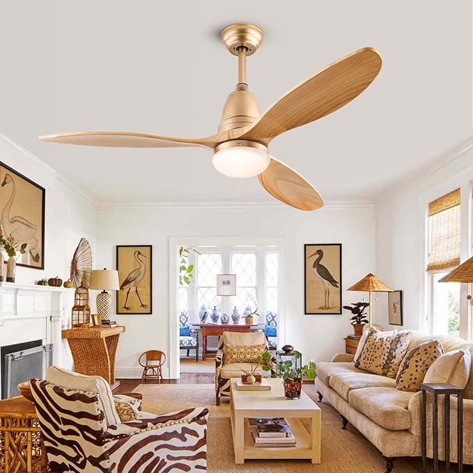 52 inch Champagne Gold Luxury Style Ceiling Fan with Light Solid Wood Blade Noiseless Reversible Motor Dimmable Light Memory Living Room and Bedroom Ceiling Fan (Golden04) (Gold)