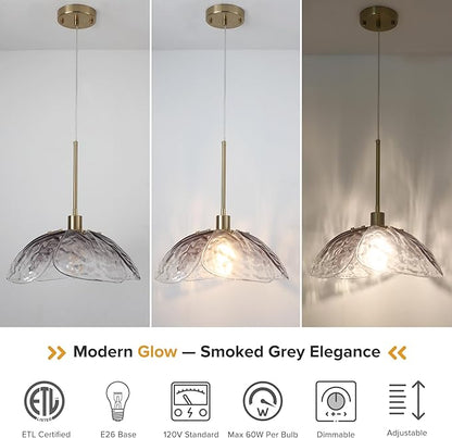 14" Smoked Hammered Glass Pendant Light, Large Vintage Pendant Lighting, Modern Industrial Ceiling Hanging Light Fixture for Island Dining Room Foyer Hallway Bar Cafe Kitchen Sink
