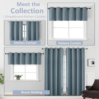 Simplebrand Stone Blue Kitchen Valances for Windows 18 Inches Long 2 Pack, Room Darkening Window Valances for Living Room, Grommet Short Straight Drape Kitchen Curtains for Bedroom Kids Room, 40Wx18L