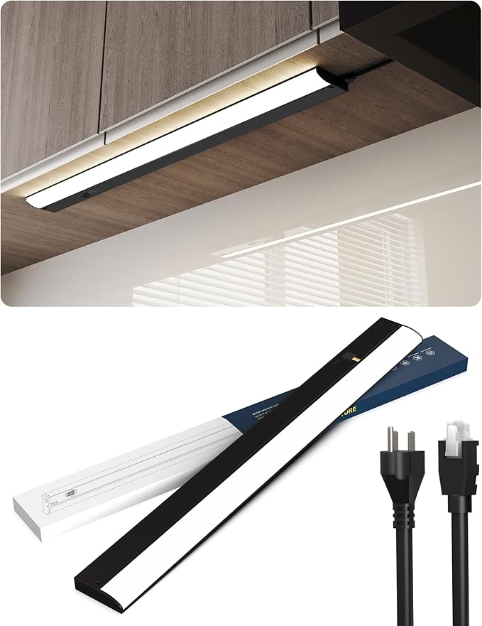 30 Inch LED Under Cabinet Light, Plug in Kitchen Lighting, 3CCT Selectable (3000K/4000K/5000K), CRI94 High Color Accuracy, Linkable, Slim Design Dimmable, Black