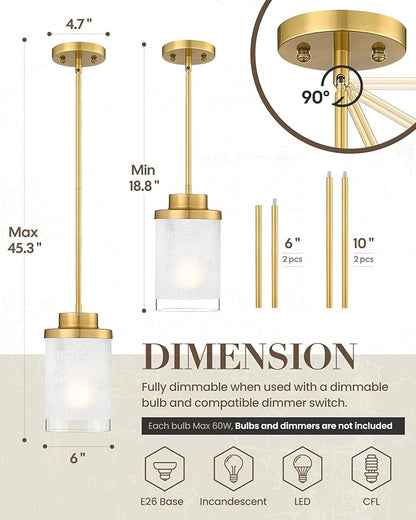 TENGXIN Modern Pendant Light for Kitchen Island, 6 Inch Brushed Gold Hanging Ceiling Light Fixture,Farmhouse Pendant Lighting for Dining Room Bedroom Bar Office 2Pack,TXPLBG01-2PK-L
