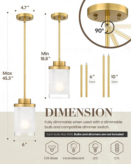 TENGXIN Modern Pendant Light for Kitchen Island, 6 Inch Brushed Gold Hanging Ceiling Light Fixture,Farmhouse Pendant Lighting for Dining Room Bedroom Bar Office 2Pack,TXPLBG01-2PK-L