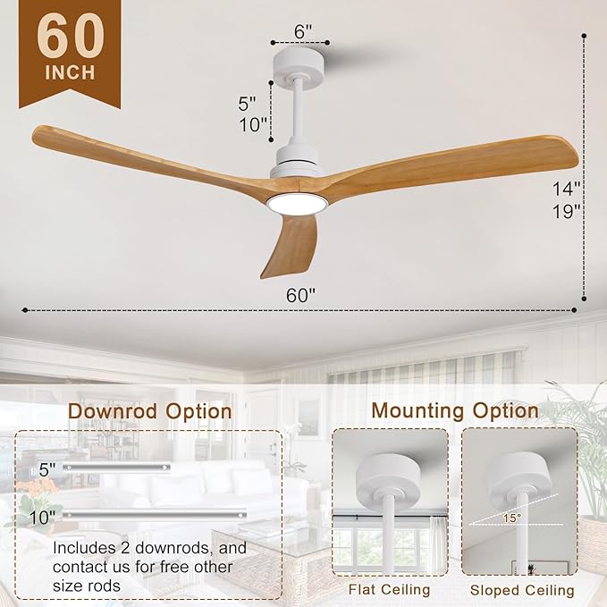 Ceiling Fan with Light 60 inch,Remote Control,Wall Switch,Solid Wood Blades,Dimmable,Reversible Quiet DC Motor,Power Off Memory Modern White Ceiling Fan for Bedroom Patio Indoor/Outdoor Use