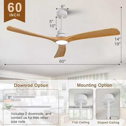 Ceiling Fan with Light 60 inch,Remote Control,Wall Switch,Solid Wood Blades,Dimmable,Reversible Quiet DC Motor,Power Off Memory Modern White Ceiling Fan for Bedroom Patio Indoor/Outdoor Use