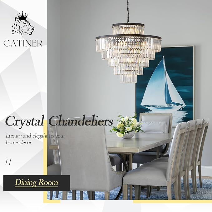 CATINER Large Crystal Chandeliers 23 Lights 36" Modern Black Luxury Chandelier for Foyer Staircase Chandeliers 6 Tiers Round K9 Ceiling Pendant Lighting Fixture for Living Dining Room