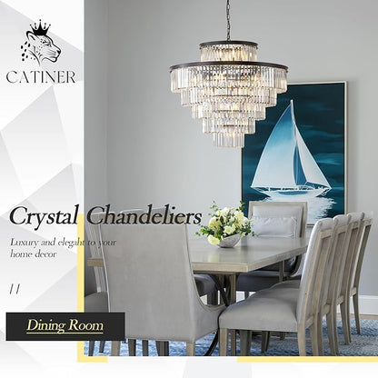 CATINER Large Crystal Chandeliers 23 Lights 36" Modern Black Luxury Chandelier for Foyer Staircase Chandeliers 6 Tiers Round K9 Ceiling Pendant Lighting Fixture for Living Dining Room