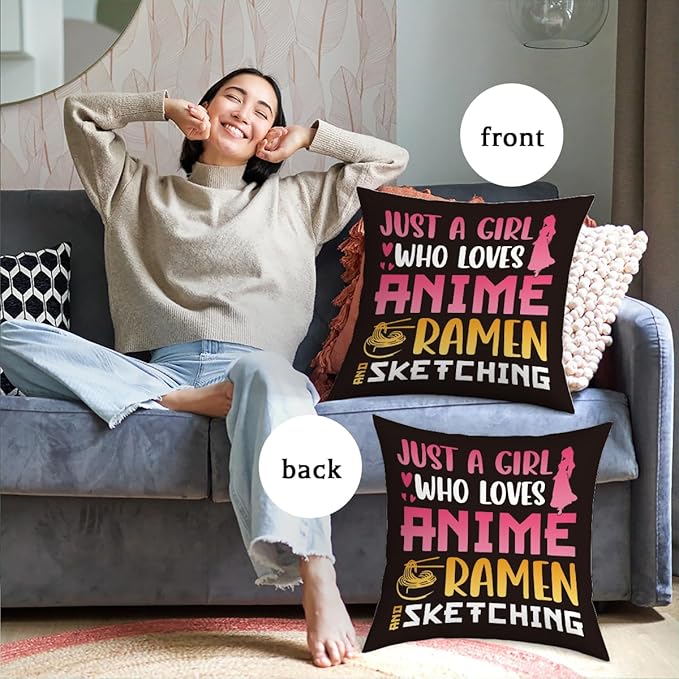 Anime Decor, Just a Girl Who Loves Anime Ramen Anime Room Decorative Throw Pillow Covers, Girls Anime Gifts Anime Lovers for Home Living Room Girl Women Bedroom Decoration Gifts Black