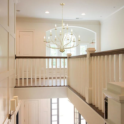 Gold Chandelier 12 Light, Large Painted Gold Light Fixture Modern Suspended Farmhouse Dining Table Candle Brass Chandelier Lighting for Bedroom Hallway Entryway Living Room Kitchen 34in Chandeliers