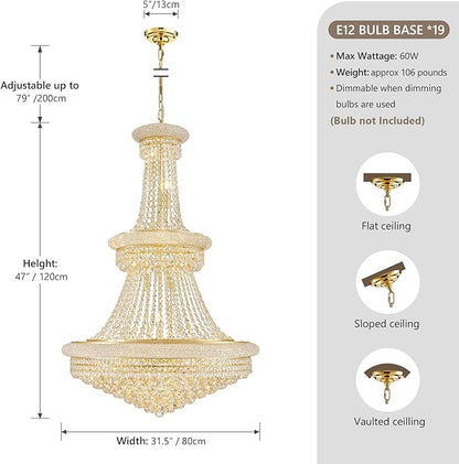 19-Lights Gold Large Crystal Chandelier Light Fixture, 3-Layer Luxury Empire Chandeliers Modern High Ceiling Hanging Chandelier for Living Room,Foyer,Staircase,Entryway (Gold,D31.5 x H47)