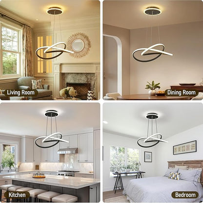 Modern LED Chandelier, 3-Color Dimmable with Remote Control, Adjustable Height Pendant Light Fixture with Base LED Light Strip, Modern Hanging Light for Dining Room Kitchen Island Living Room