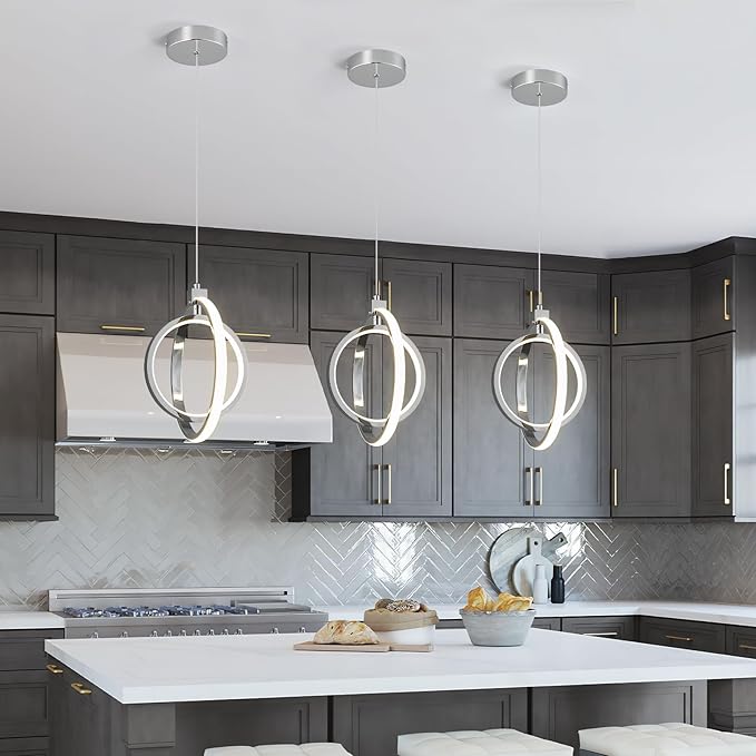 Modern LED Chandelier Chrome Ring Pendant Light Fixtures 4000K Dimmable Height Adjustable Pendant Lighting for Dining Room Kitchen Island Bedroom Living Room Foyer（2-Pack）…