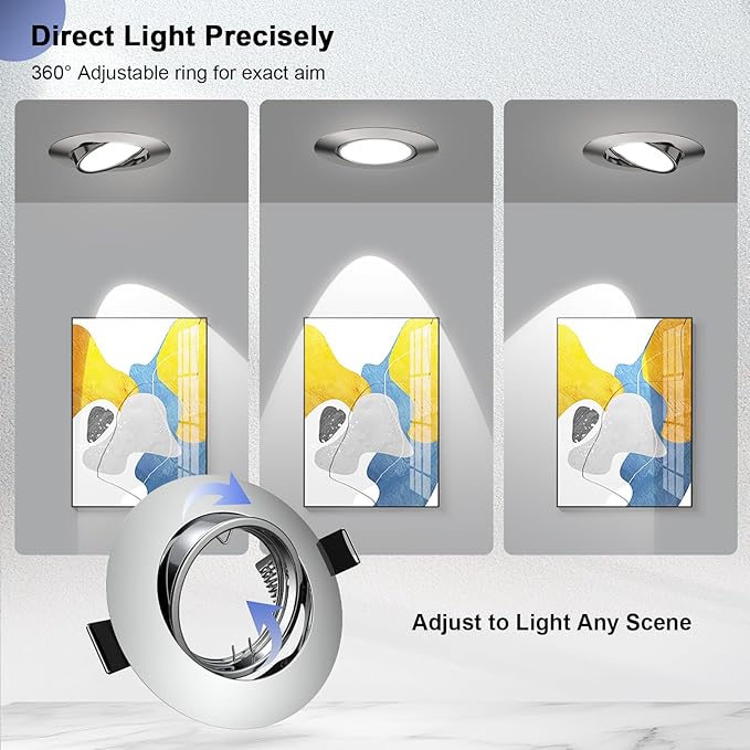 6 Pack Recessed Ceiling Light Mounting Frame, Compatible with MR16 GU5.3 Bulbs, Round Fixture Holders Adjustable for Commercial Cabinet, Polished Chrome