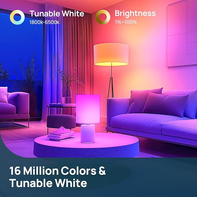 Linkind Smart Light Bulbs, 1600LM (100W Equivalent) A21 Smart Bulb, Compatible with Alexa & Google Home, 14W E26 RGBTW Color Changing Bulb with Music Sync, 2.4GHz Wi-Fi & Bluetooth, 4Pack