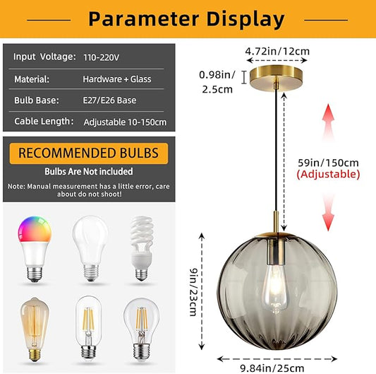Modern Smoke Grey Glass Pendant Light, Kitchen Island Lighting 3-Pack Globe Pendant Light Fixtures Century Kitchen Island Pendant Lighting for Bedroom Living Dining Room Light Fixture (Without Bulb)