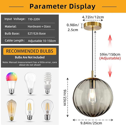 Modern Smoke Grey Glass Pendant Light, Kitchen Island Lighting 2-Pack Globe Pendant Light Fixtures Century Kitchen Island Pendant Lighting for Bedroom Living Dining Room Light Fixture (Without Bulb)