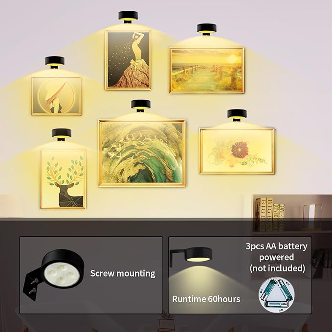 Arixinks 3PACK Picture Light Battery Operated with Remote, Painting Light for Wall Art with 3 Lighting Colors Dimmable, LED Art Display Accent Light on Wall for Poster Dartboard Frame Portrait Black