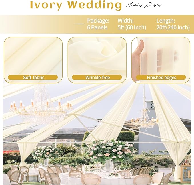 6 Panels Beige Ceiling Drapes for Wedding Ceiling Drapes 5ftx20ft Wedding Arch Draping Fabric Sheer Curtains Voile Chiffon Drapery Draping Decorations for Party Ceremony Stage